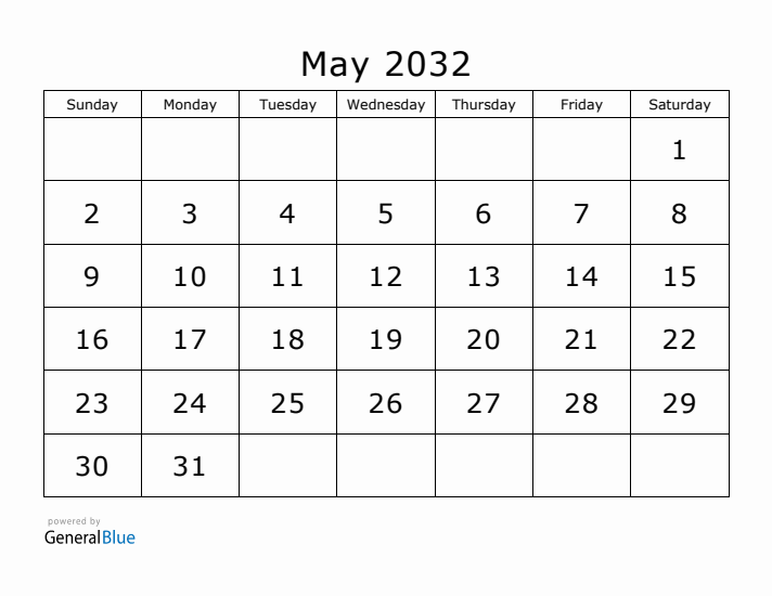 Printable May 2032 Calendar - Sunday Start