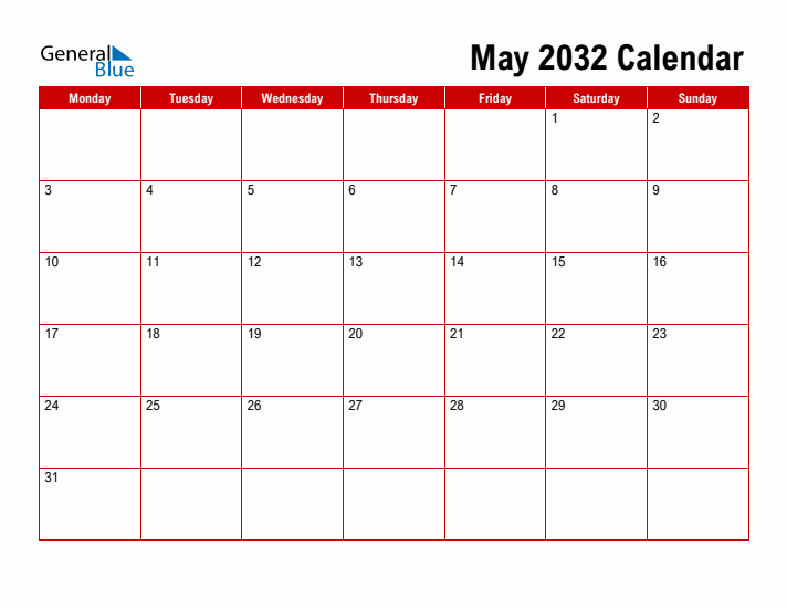 Simple Monthly Calendar - May 2032