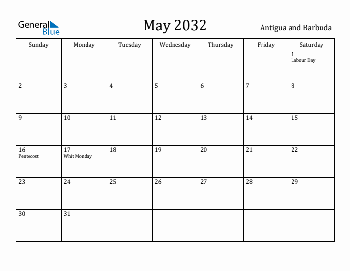May 2032 Calendar Antigua and Barbuda