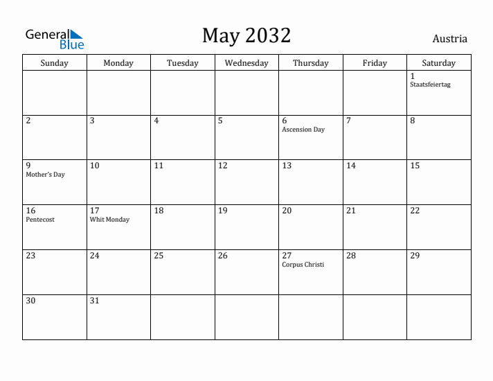 May 2032 Calendar Austria