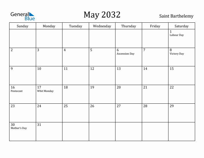 May 2032 Calendar Saint Barthelemy