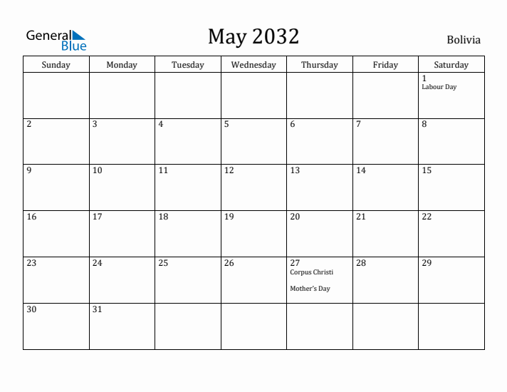 May 2032 Calendar Bolivia