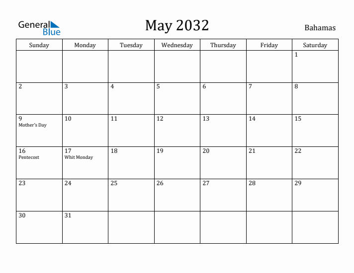 May 2032 Calendar Bahamas