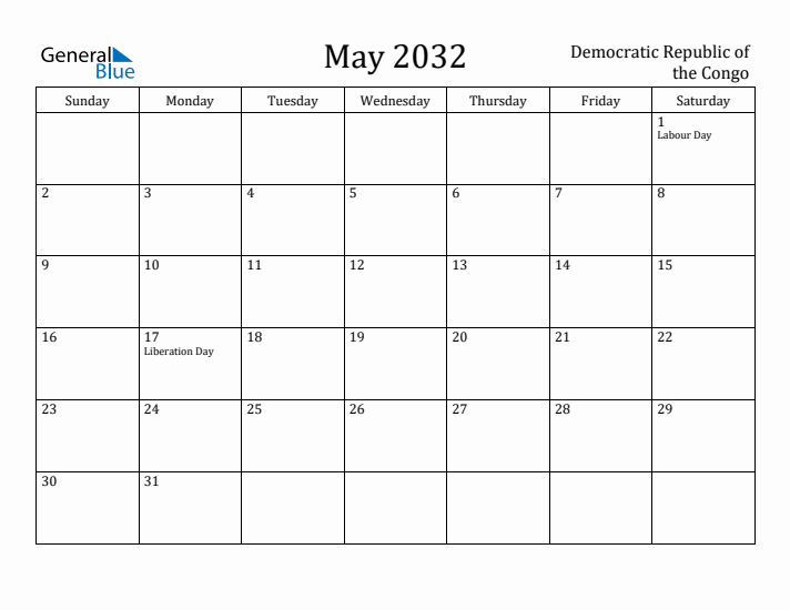 May 2032 Calendar Democratic Republic of the Congo