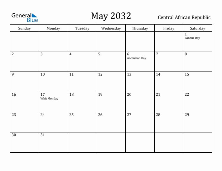 May 2032 Calendar Central African Republic