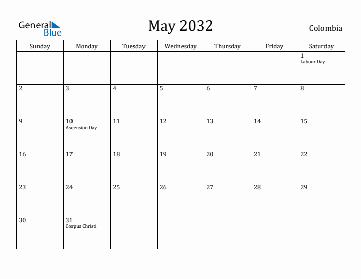 May 2032 Calendar Colombia