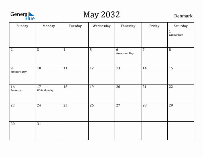 May 2032 Calendar Denmark