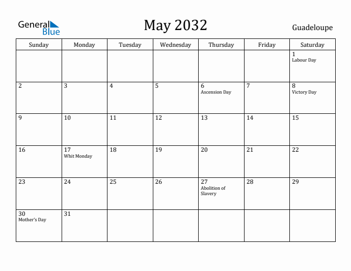 May 2032 Calendar Guadeloupe
