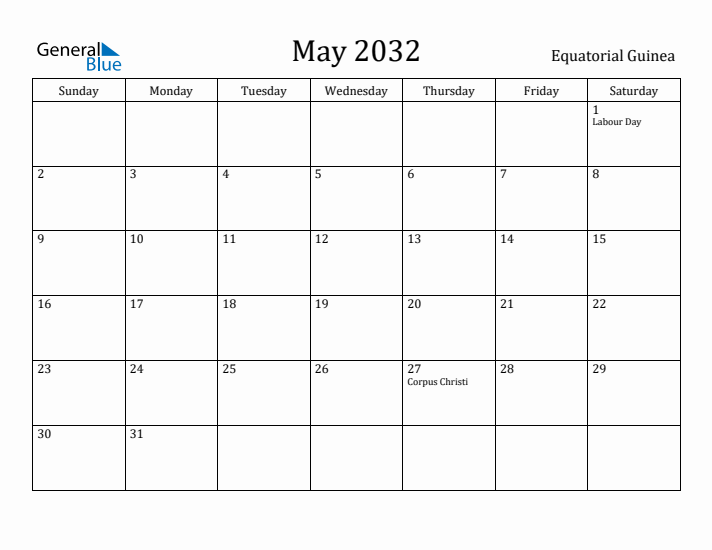 May 2032 Calendar Equatorial Guinea