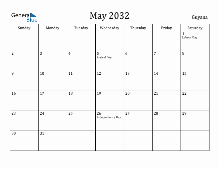 May 2032 Calendar Guyana