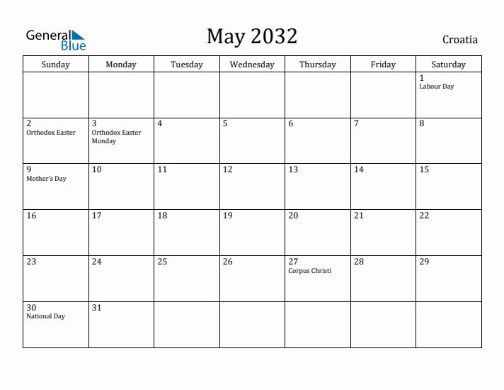 May 2032 Calendar Croatia