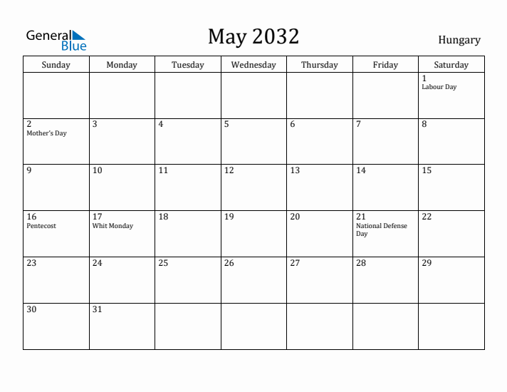 May 2032 Calendar Hungary