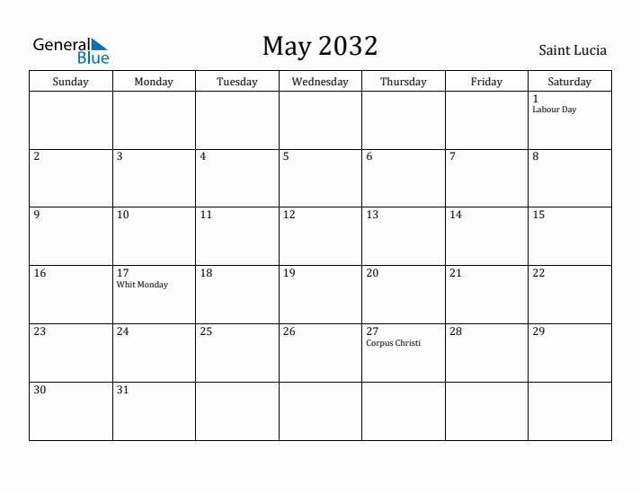 May 2032 Calendar Saint Lucia