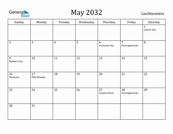 May 2032 Calendar Liechtenstein