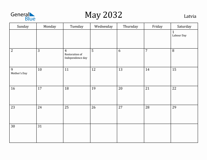 May 2032 Calendar Latvia