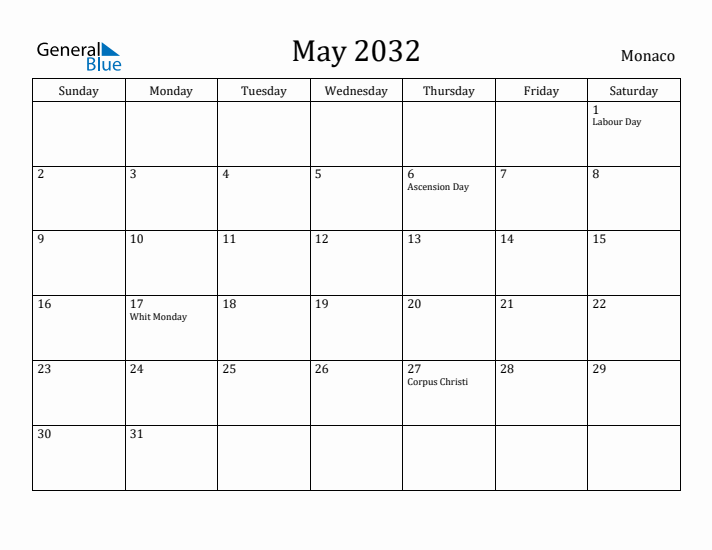 May 2032 Calendar Monaco