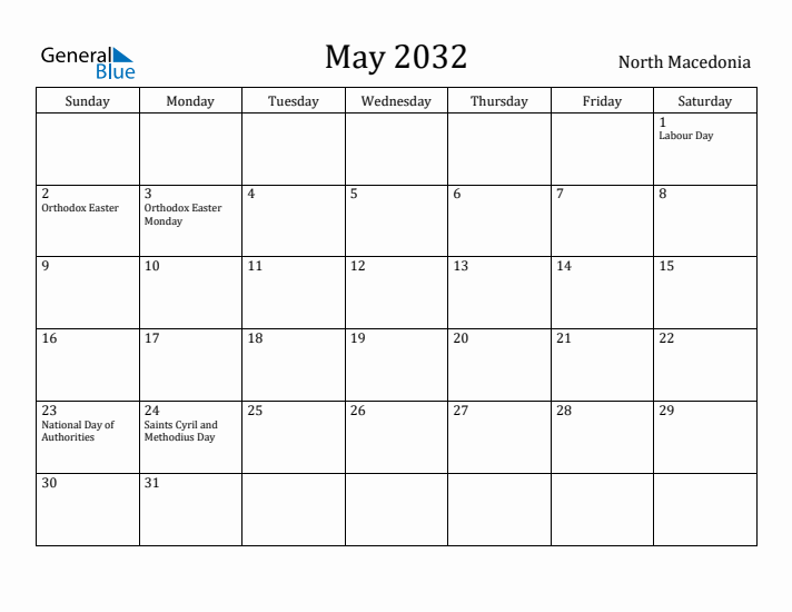 May 2032 Calendar North Macedonia