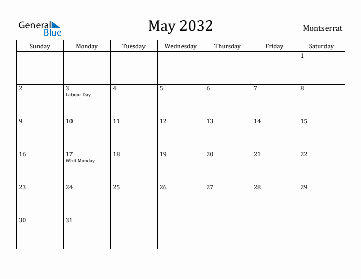 May 2032 Calendar Montserrat