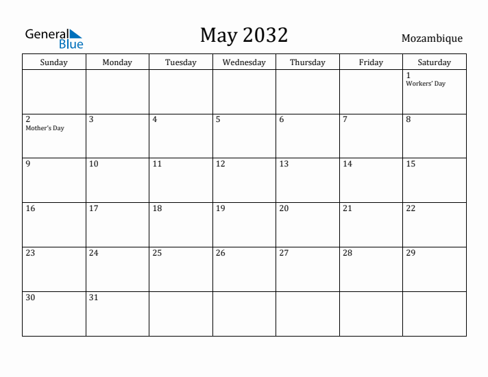 May 2032 Calendar Mozambique
