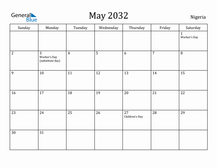 May 2032 Calendar Nigeria