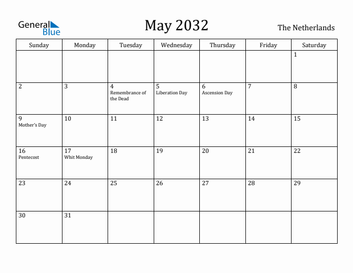 May 2032 Calendar The Netherlands