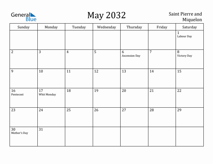 May 2032 Calendar Saint Pierre and Miquelon