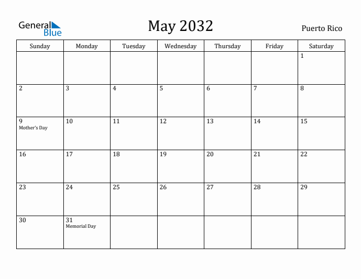 May 2032 Calendar Puerto Rico