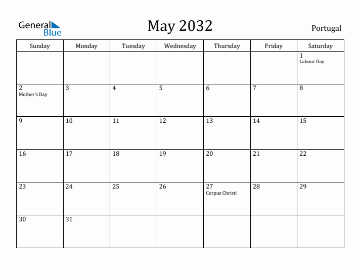 May 2032 Calendar Portugal