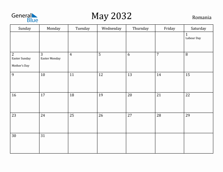 May 2032 Calendar Romania