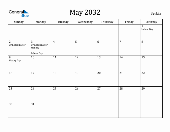 May 2032 Calendar Serbia