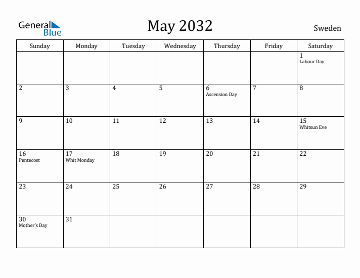 May 2032 Calendar Sweden