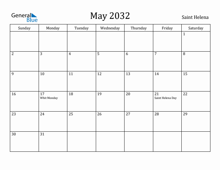 May 2032 Calendar Saint Helena