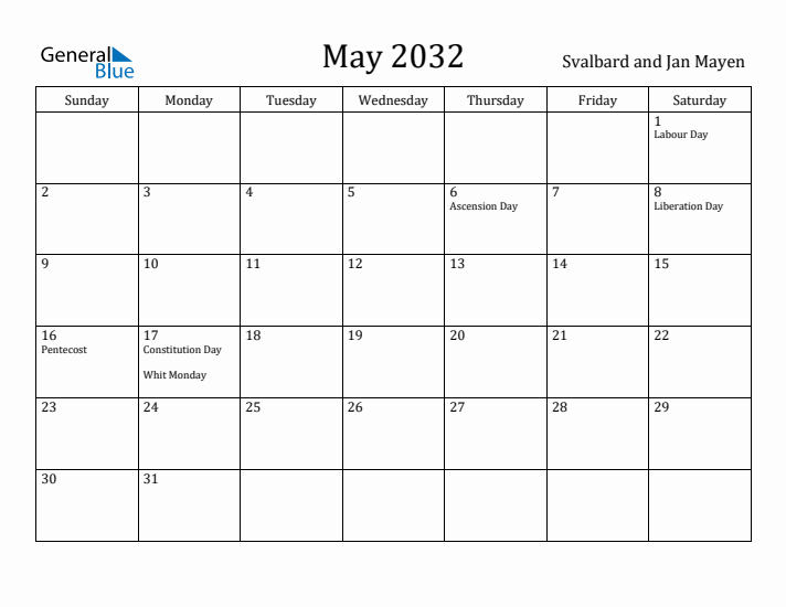 May 2032 Calendar Svalbard and Jan Mayen