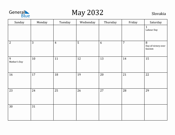 May 2032 Calendar Slovakia