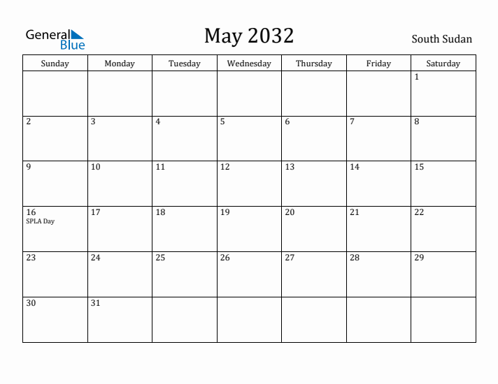 May 2032 Calendar South Sudan