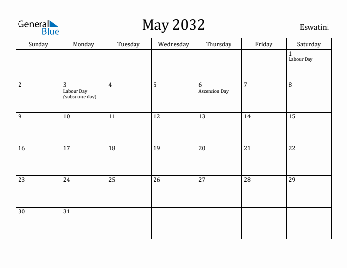 May 2032 Calendar Eswatini