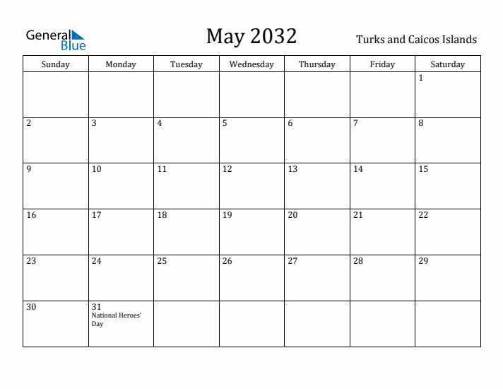 May 2032 Calendar Turks and Caicos Islands