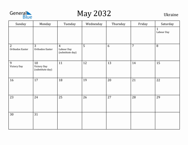 May 2032 Calendar Ukraine