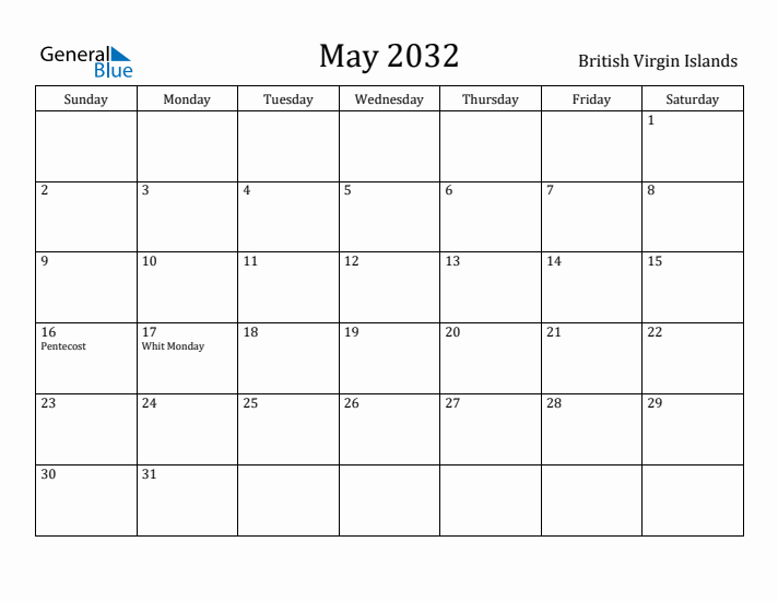 May 2032 Calendar British Virgin Islands