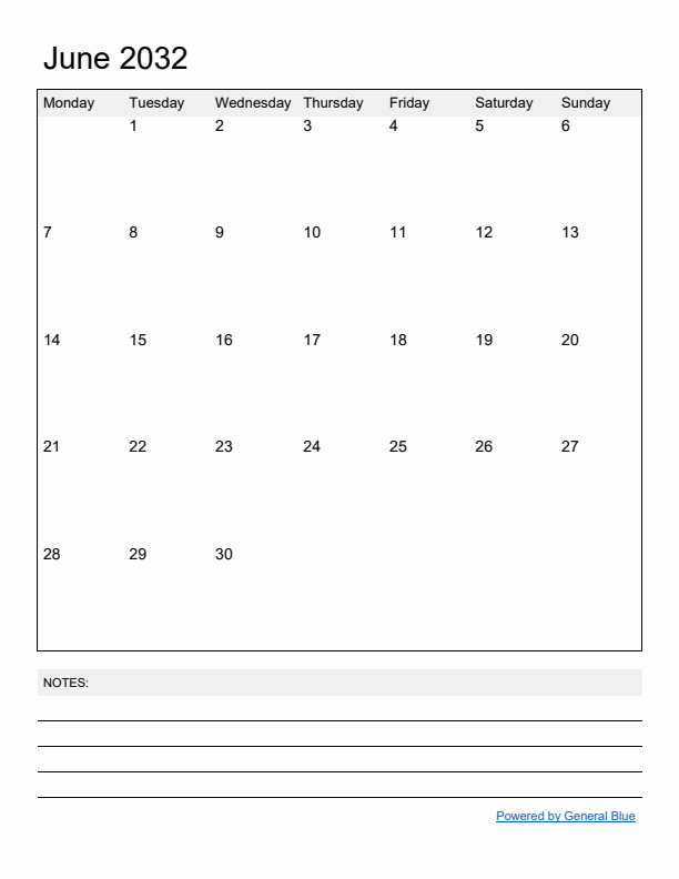 Basic Monthly Calendar Template for June 2032