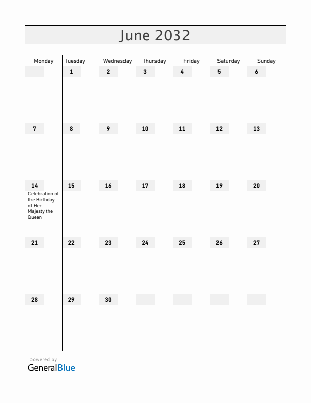 Anguilla June 2032 Calendar with Holidays