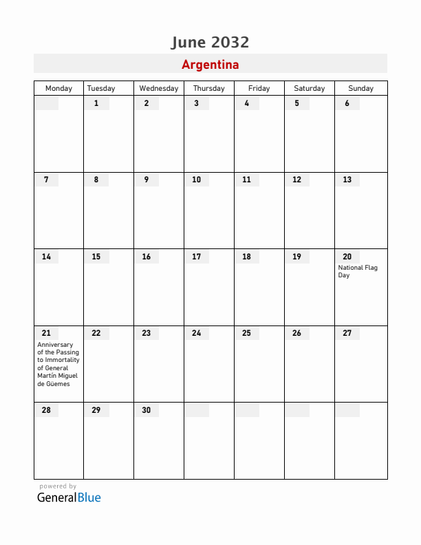 Argentina June 2032 Calendar with Holidays