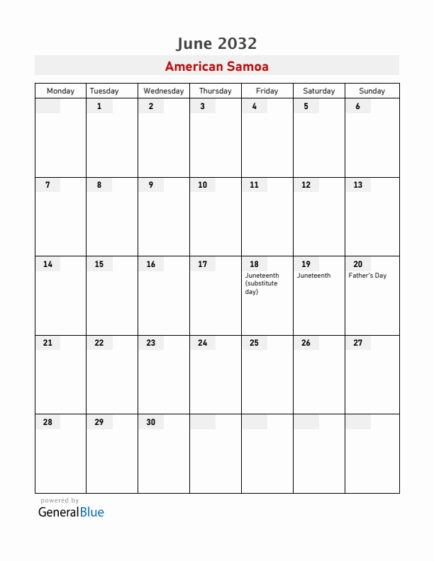 American Samoa June 2032 Calendar with Holidays