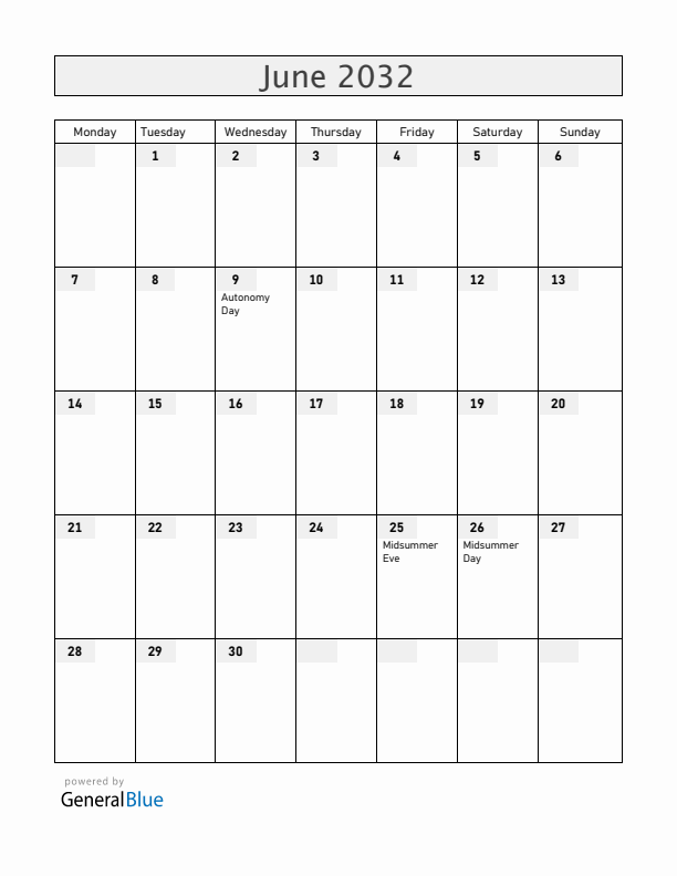 Aland Islands June 2032 Calendar with Holidays