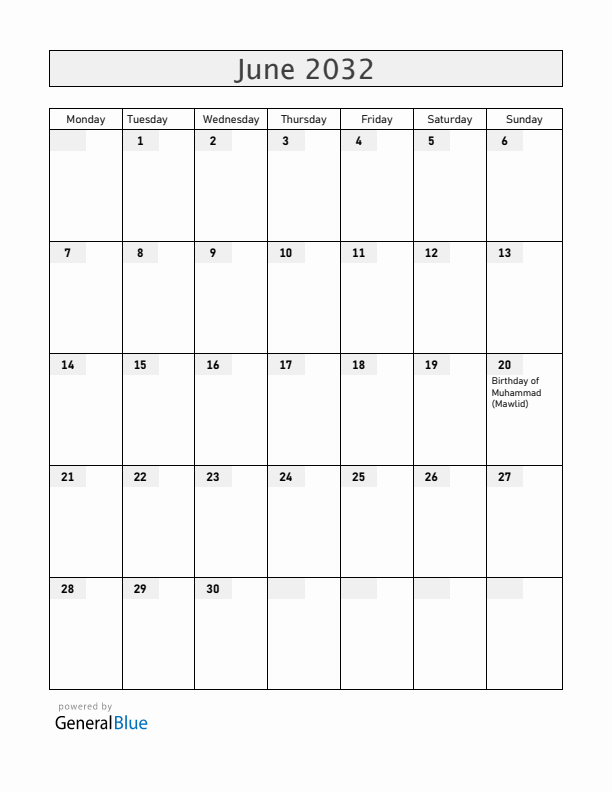 Bahrain June 2032 Calendar with Holidays