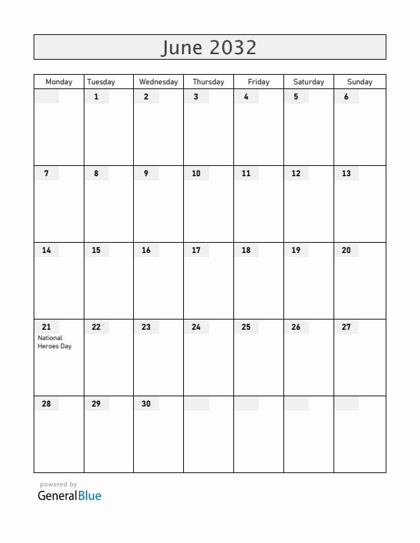 Bermuda June 2032 Calendar with Holidays