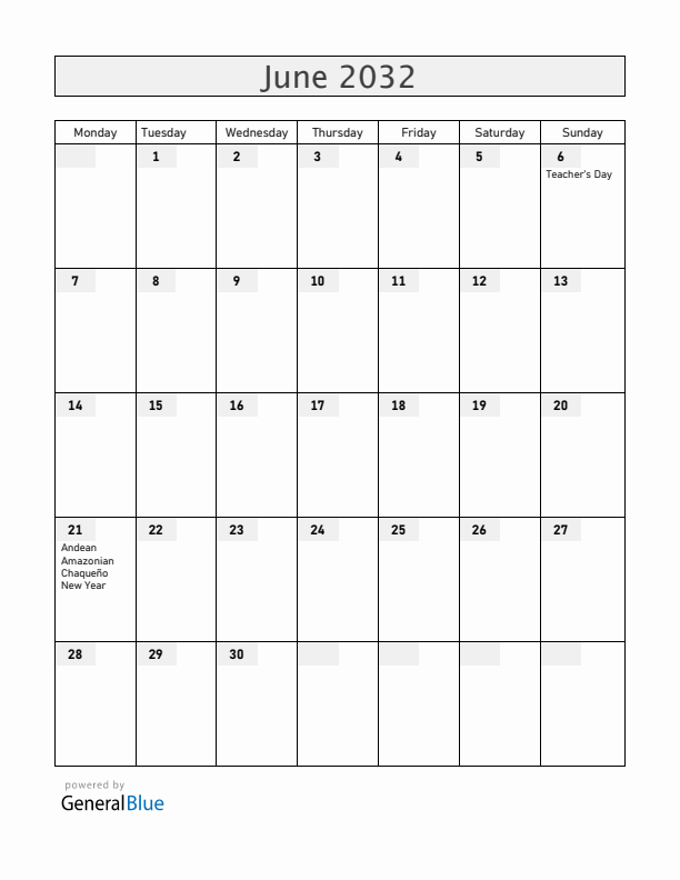 Bolivia June 2032 Calendar with Holidays