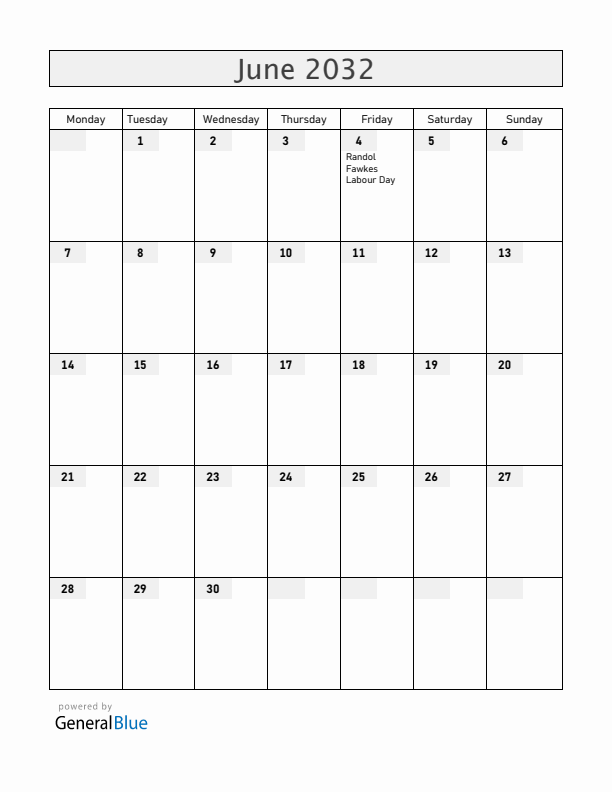 Bahamas June 2032 Calendar with Holidays