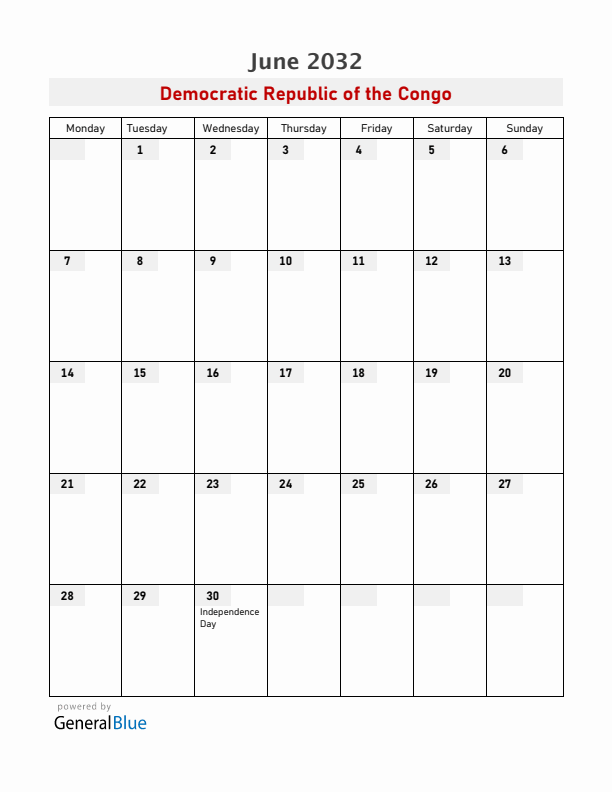 Democratic Republic of the Congo June 2032 Calendar with Holidays