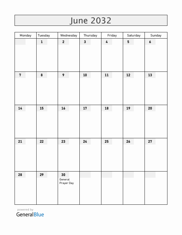 Central African Republic June 2032 Calendar with Holidays
